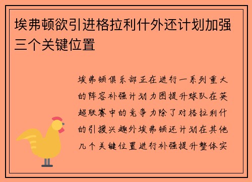 埃弗顿欲引进格拉利什外还计划加强三个关键位置 埃弗顿欲引进格拉利什外还计划加强三个关键位置