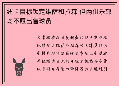 纽卡目标锁定维萨和拉森 但两俱乐部均不愿出售球员 纽卡目标锁定维萨和拉森 但两俱乐部均不愿出售球员